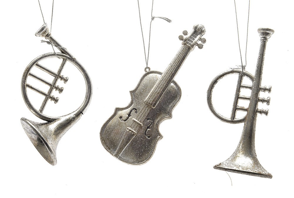 Christbaumschmuck Instrumente Silber 3 Stück Trompete Geige Horn Musik Glitzer