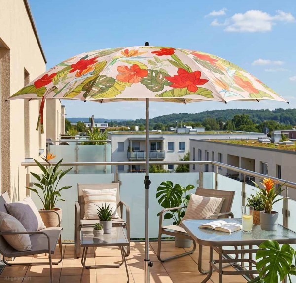 Sonnenschirm Dschungel 200 cm Tropen Blumen Strandschirm Knickbar UPF 50+ Beige