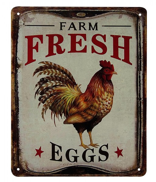 Blechschild FARM FRESH EGGS Hahn Dekoschild Nostalgie Vintage 25x20cm