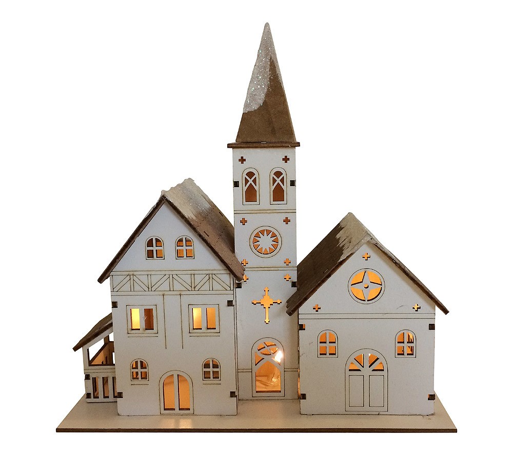 Beleuchtete Kirche aus Holz Weihnachtshaus LED warmweiß 22x21cm