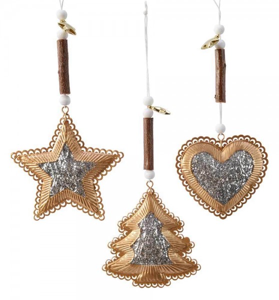 Christbaumschmuck Stern Baum Herz 3 Stück Gold Glitzer Christbaumanhänger