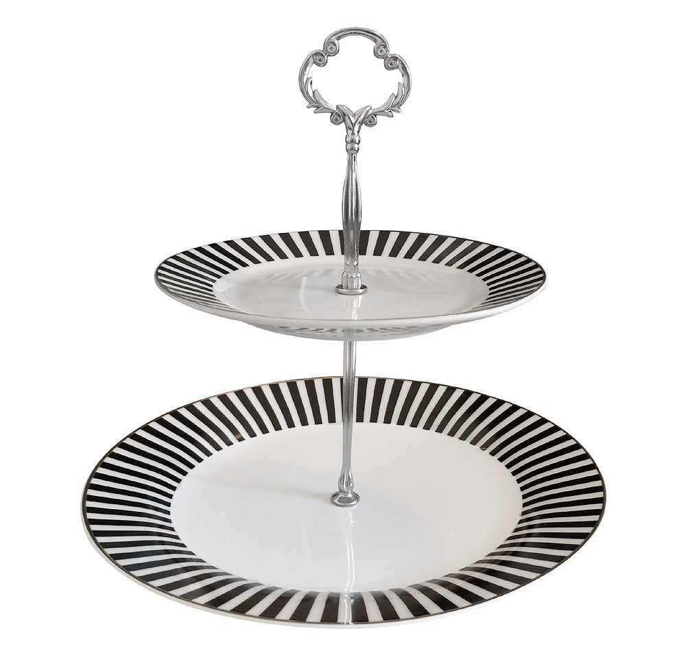 Etagere 2-Stöckig Servierschale Porzellan schwarz/weiss gestreift 24cm Etagere 2-Stöckig Servierschale Porzellan schwarz/weiss gestreift 24cm