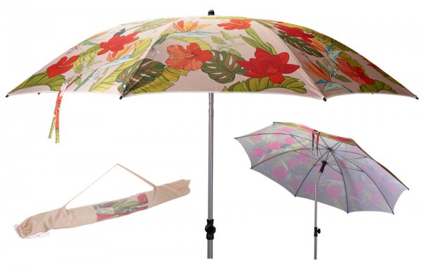 Sonnenschirm Dschungel 200 cm Tropen Blumen Strandschirm Knickbar UPF 50+ Beige