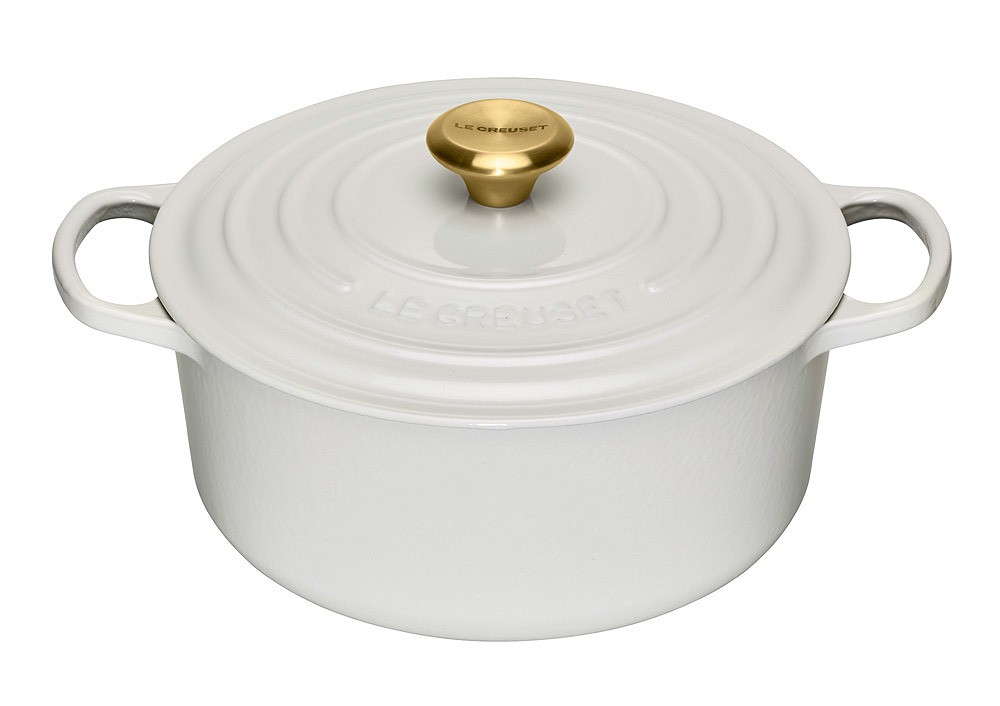 Le Creuset Bräter Signature Rund Deckelknopf Gold Gusseisen Weiss 28cm