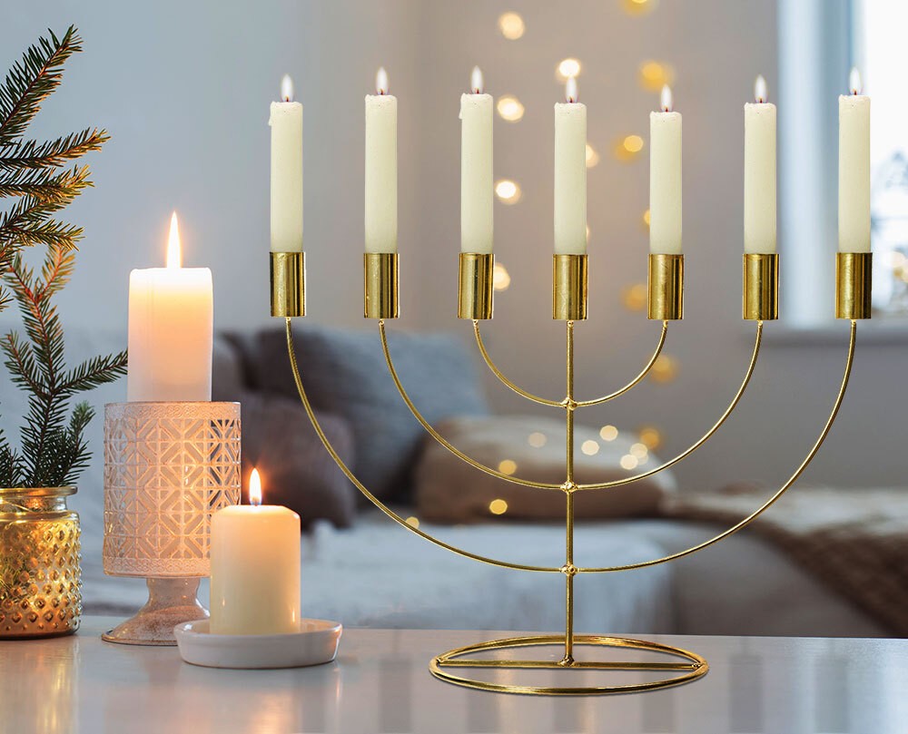 Menora Kerzenhalter 7-flammig Kerzenständer Menorah Metall Gold 26cm