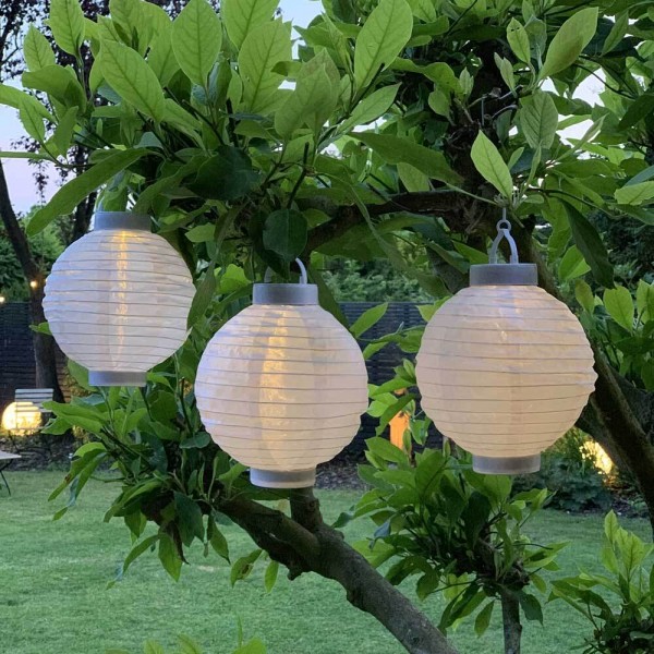 3 Stück Solar Lampions Weiß Garten Laterne zum Aufhängen LED Warmweiß Ø 20cm