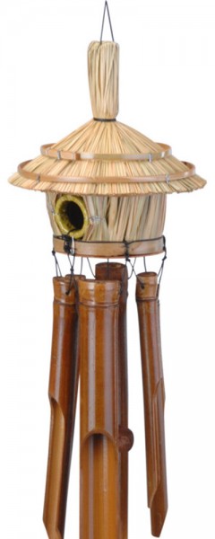 Windspiel Bambus mit Vogelhaus Strandhütte Klangspiel für Garten und Balkon 80cm