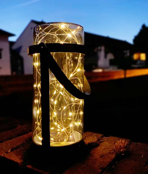 Solar Laterne für Außen LED Solarleuchte mit Henkel Warmweiß Windlicht Grau 25cm