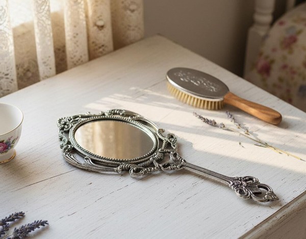 Handspiegel Prinzessin Silber Barock Schminkspiegel Antik-Stil Karneval Halloween