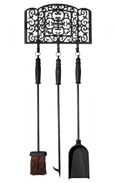 Rustikales Wand- Kaminbesteck mit Halter Eisen 3-Teilig
