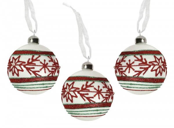 Christbaumkugeln Weiß Schneeflocke Rot Grün 3 Stück Weihnachtskugeln Echt Glas