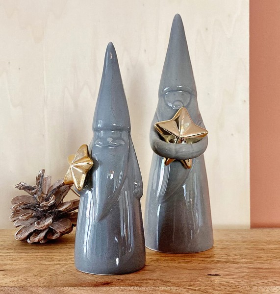 2 Weihnachtszwerge Dekofiguren mit Stern in Gold / Grau Weinachtsmann Nikolaus Figuren