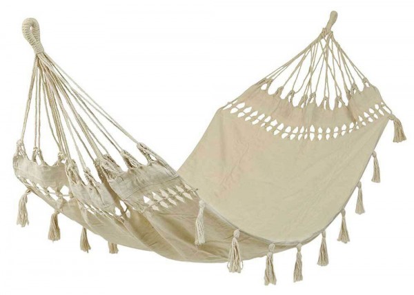 Hängematte Ibiza mit Fransen Tuchhängematte Baumwolle ohne Spreizstab Creme-Weiß