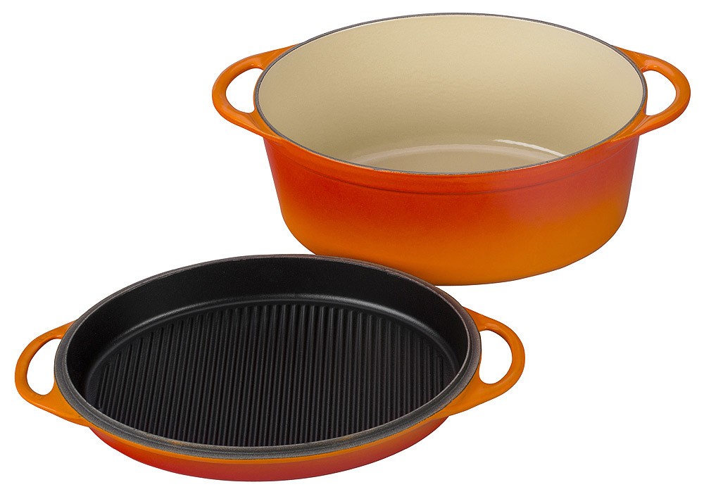 Le Creuset Bräter mit Grilldeckel Oval Gusseisen Ofenrot 32cm