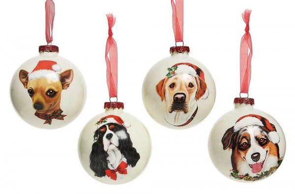 Christbaumkugel Hund 4 Stück verschiedene Motive Weihnachtskugel Echt Glas