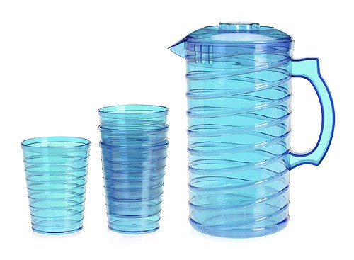 Trink-Set Kanne mit 4 Bechern Reisegeschirr Hartplastik Blau