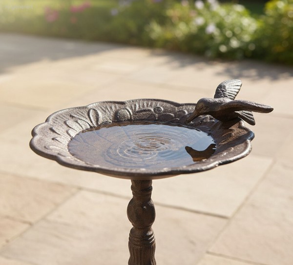 Vogeltränke auf Fuß mit Vogel Vogelbad Futterschale Gusseisen Antik-Stil Braun