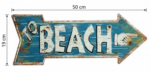 Nostalgie Blechschild TO BEACH Pfeil Wegweiser Strand Vintage Geprägt 50 x 19 cm