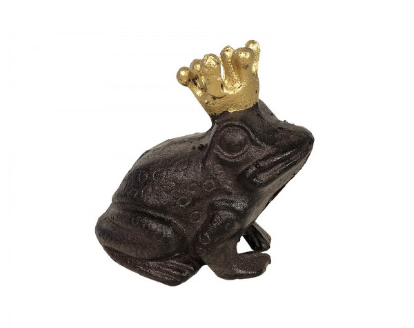 Froschkönig Figur Frosch mit goldener Krone Rustikal Gusseisen Antik-Braun
