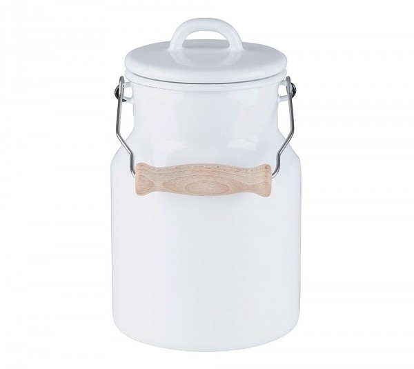 Riess Oma`s Milchkanne mit Deckel & Holzgriff Emaille Weiß 1,5L