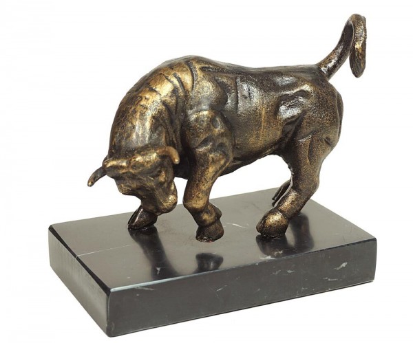 Figur Bulle Börse Skulptur Eisen auf Marmorsockel Dekofigur Stier