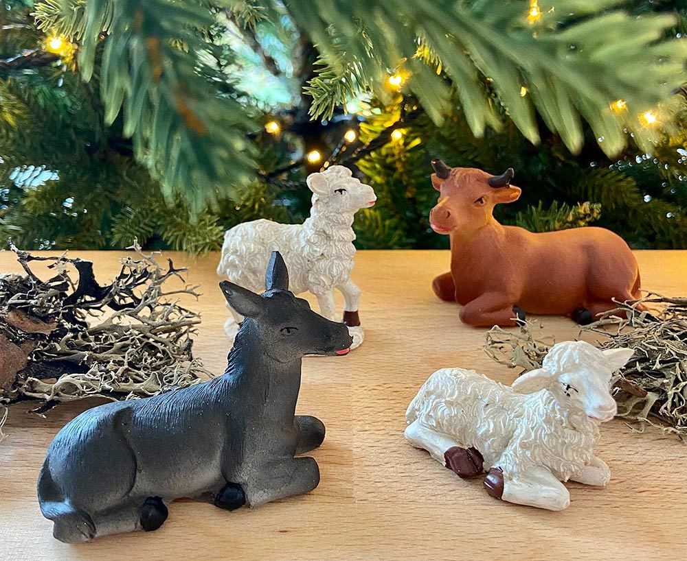 Krippenfiguren Tiere Set 4 teilig Ochse Esel Schafe Weihnachten 9cm
