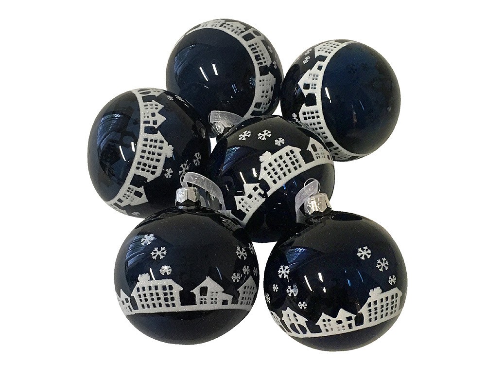 Christbaumkugeln Dunkelblau Weihnachtshäuser 6 Stück Echt Glas