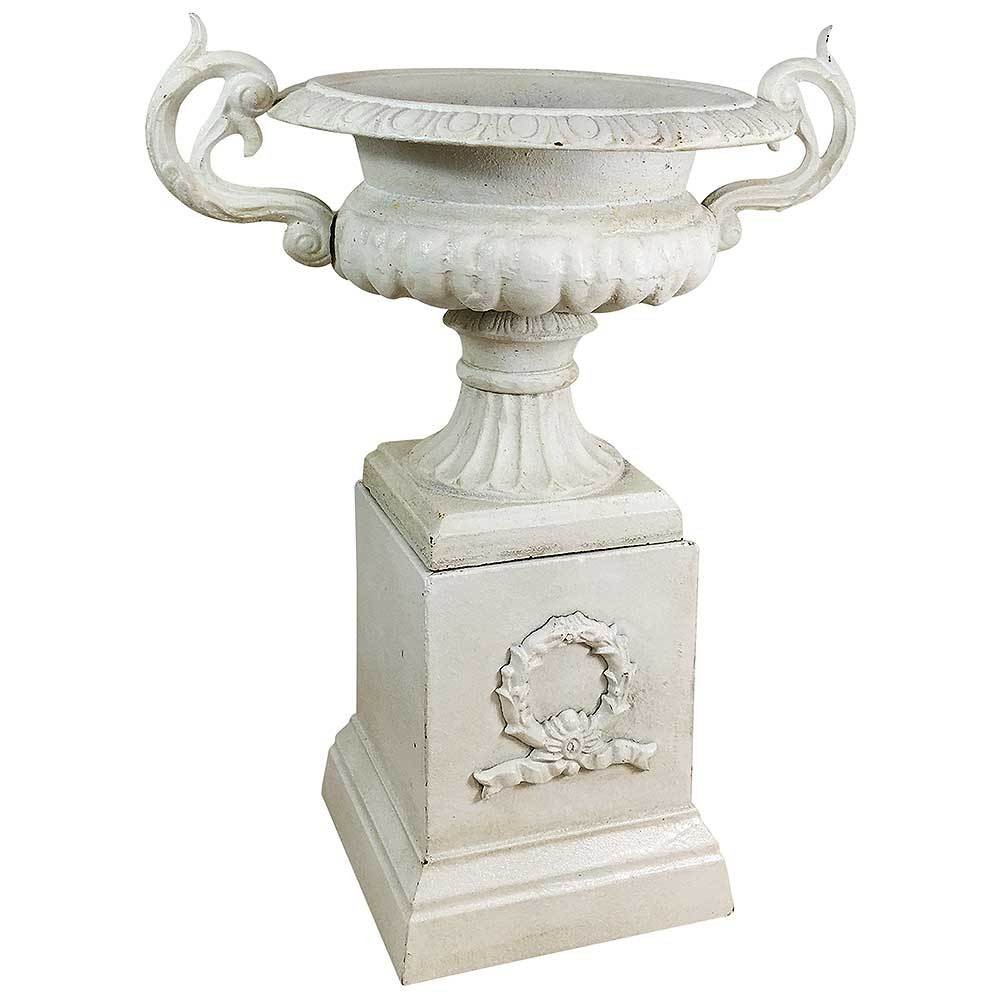 Französische Vase Gusseisen mit Sockel Henkel Pflanztopf Amphore Antik-Stil Weiß Französische Vase Gusseisen mit Sockel Henkel Pflanztopf Amphore Antik-Stil Weiß