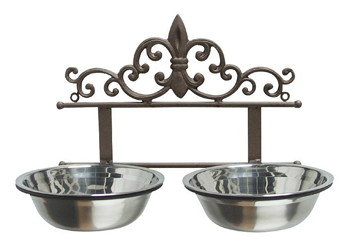 Doppel Futternapf Fressnapf Hund Katze Lilie für Wandmontage Gusseisen Antik-Braun Doppel Futternapf Fressnapf Hund Katze Lilie für Wandmontage Gusseisen Antik-Braun