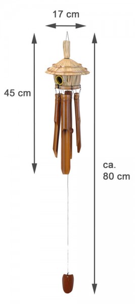 Windspiel Bambus mit Vogelhaus Strandhütte Klangspiel für Garten und Balkon 80cm