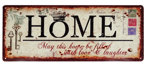 Blechschild HOME LOVE LAUGHTER Vintage Dekoschild Nostalgie Antik-Stil 50x20cm