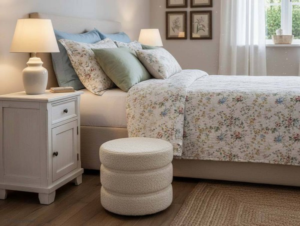 Sitzhocker Rund Pouf Bouclé Teddy Stoff Kuscheliger Hocker Polsterhocker Beige