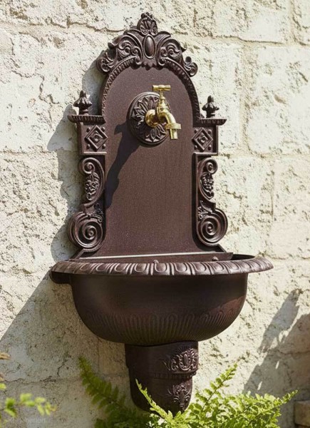 Wandbrunnen Antik-Stil Waschbecken mit Wasserhahn Nostalgie Metall Braun