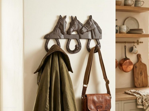 Wandgarderobe Pferde aus Gusseisen Garderobe 3 Haken Antik-Landhausstil Braun