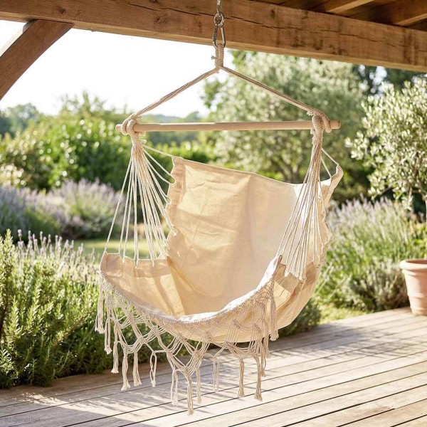 Hängesessel Ibiza Fransen Hängestuhl Beige Natur Boho Style Hippie Outdoor Camping