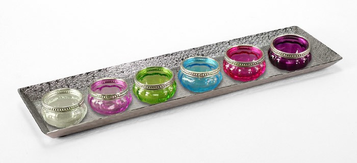 Buntes Teelichthalter -SET 6 Kerzengläser mit Tablett Hammerschlag-Optik 50cm Buntes Teelichthalter -SET 6 Kerzengläser mit Tablett Hammerschlag-Optik 50cm