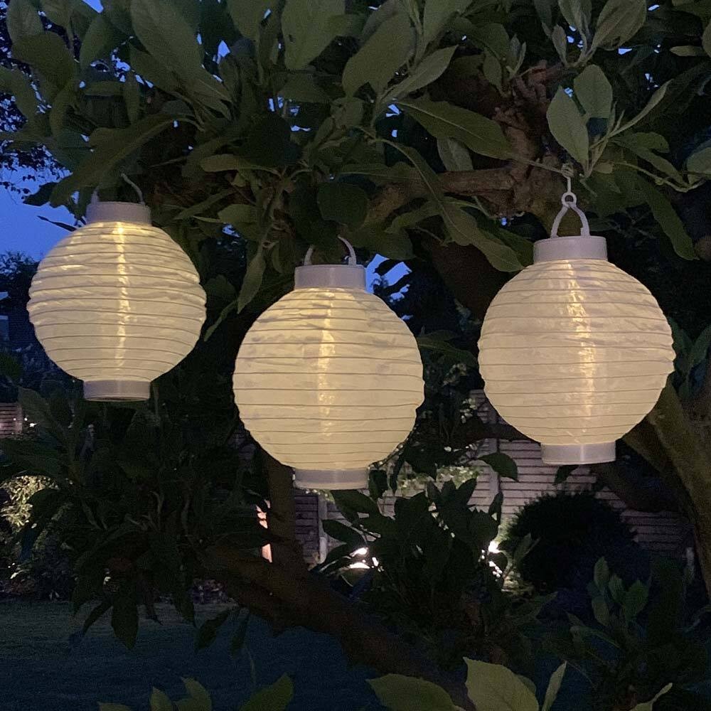 3 Stück Solar Lampions Weiß Garten Laterne zum Aufhängen LED Warmweiß Ø 20cm