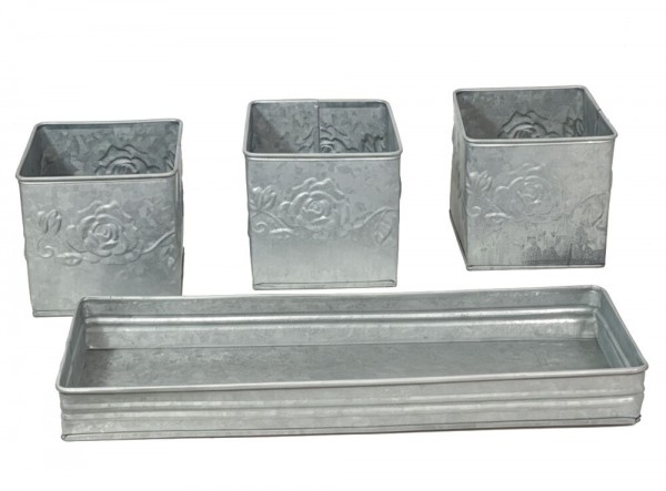 Zink Blumentopf Set Vintage-Stil 3 Stück mit Tablett Pflanzgefäß Kräutertopf