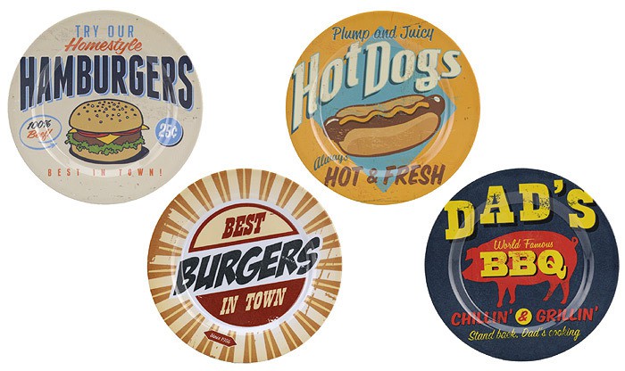 Teller-Set AMERICAN STYLE Retro Melamin Kunststoff 4 Stück 25cm |Grillzubehör |Grill |Garten |ZEITZONE Shop