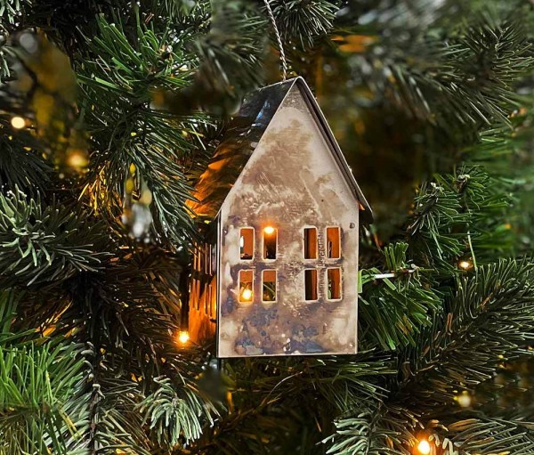 Christbaumschmuck Haus Metall angelaufen Christbaumanhänger Vintage-Stil