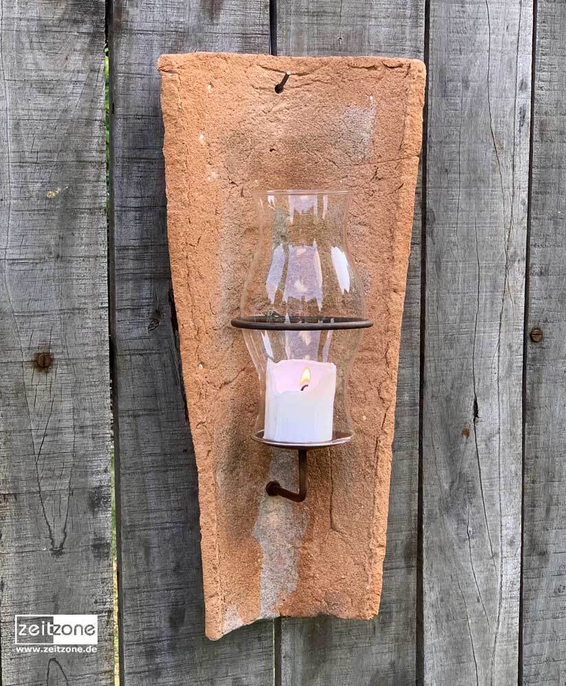 Echt Antiker Dachziegel Wandkerzenhalter mit Glas Windlicht