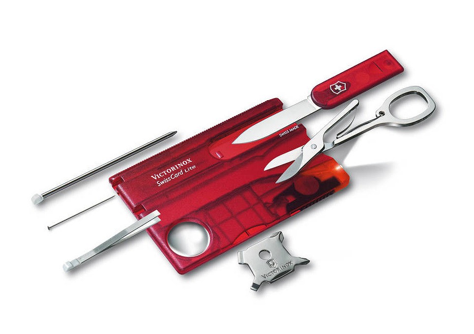 Victorinox SwissCard Lite Rot Transparent Schweizer Nagelset - mit LED-Licht und 13 Funktionen