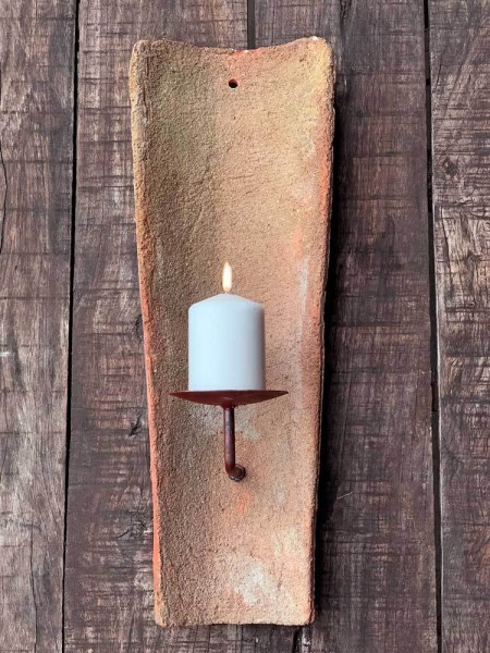 Echt Antiker Dachziegel mit Kerzenhalter 45-48 cm Mediterran Wandkerzenhalter