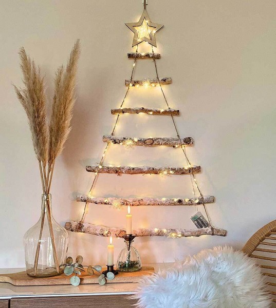 LED Weihnachtsbaum Birke mit Schnee Beleuchtet Holzleiter Tannenbaum Timer 98cm
