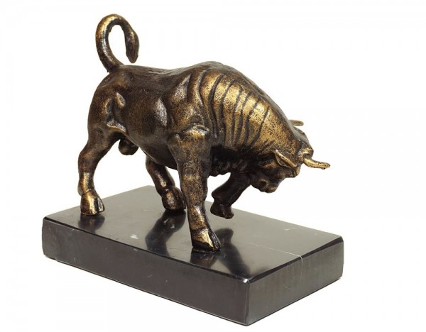 Figur Bulle Börse Skulptur Eisen auf Marmorsockel Dekofigur Stier