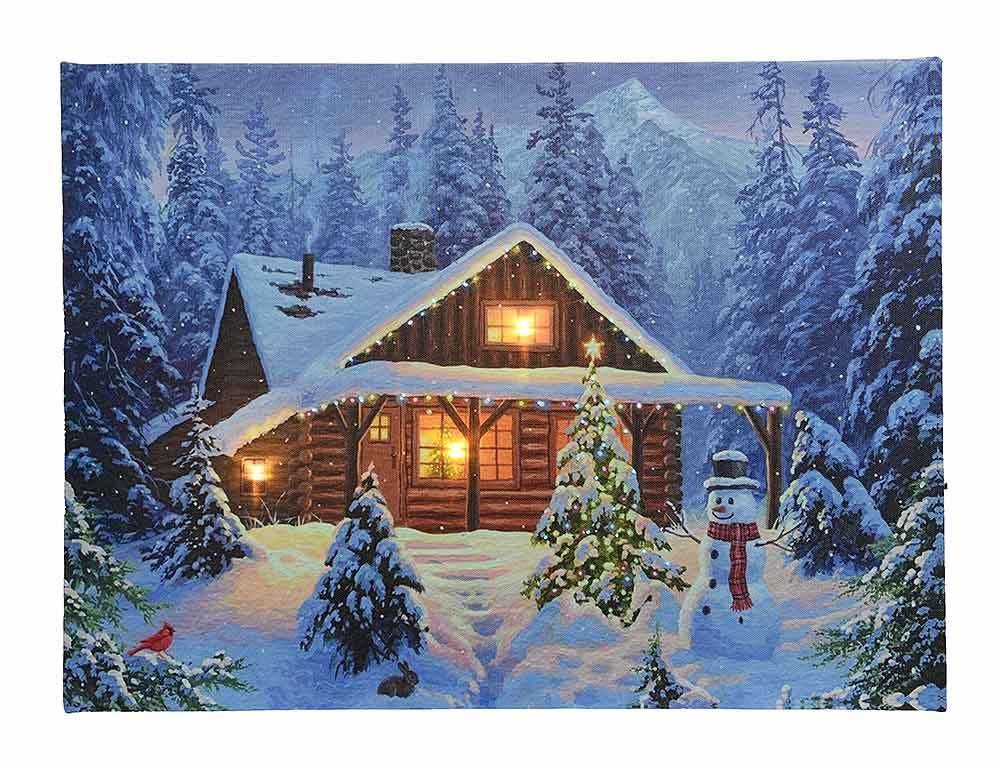LED Bild Winterlandschaft Blockhütte Schneemann Leinwand Wandbild