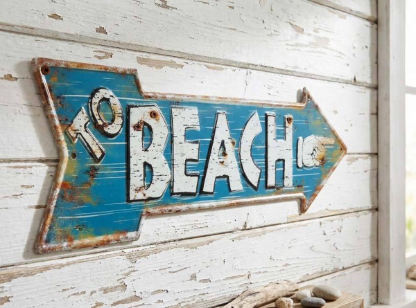 Nostalgie Blechschild TO BEACH Pfeil Wegweiser Strand Vintage Geprägt 50 x 19 cm