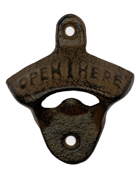 Wandflaschenöffner OPEN HERE American Vintage-Style Gusseisen Wandmontage Braun