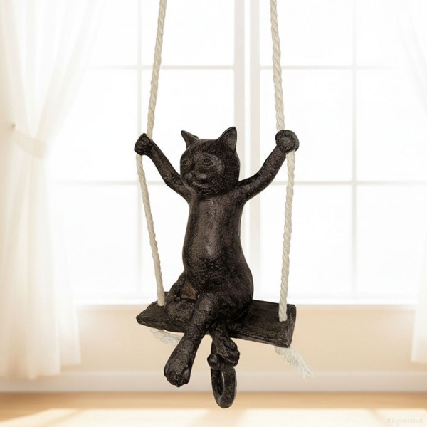 Hängende Figur Katze auf Schaukel Katzenfigur Dekofigur zum Aufhängen Schwarz