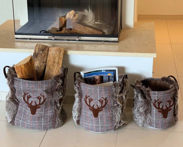 Aufbewahrungskorb Rentier Grau Kariert Deko-Korb mit Griffen Weihnachten